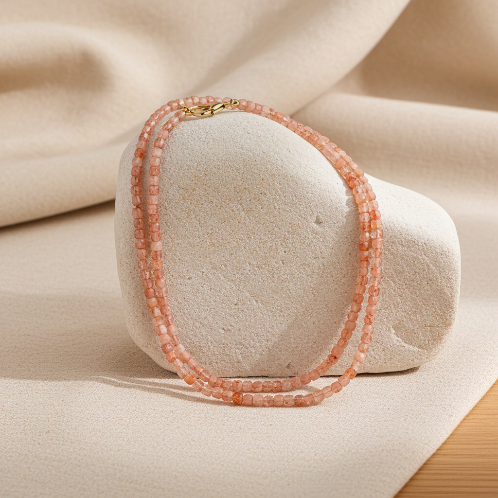 Sunstone meaning and sunstone benefit - a sunstone necklace on a white background